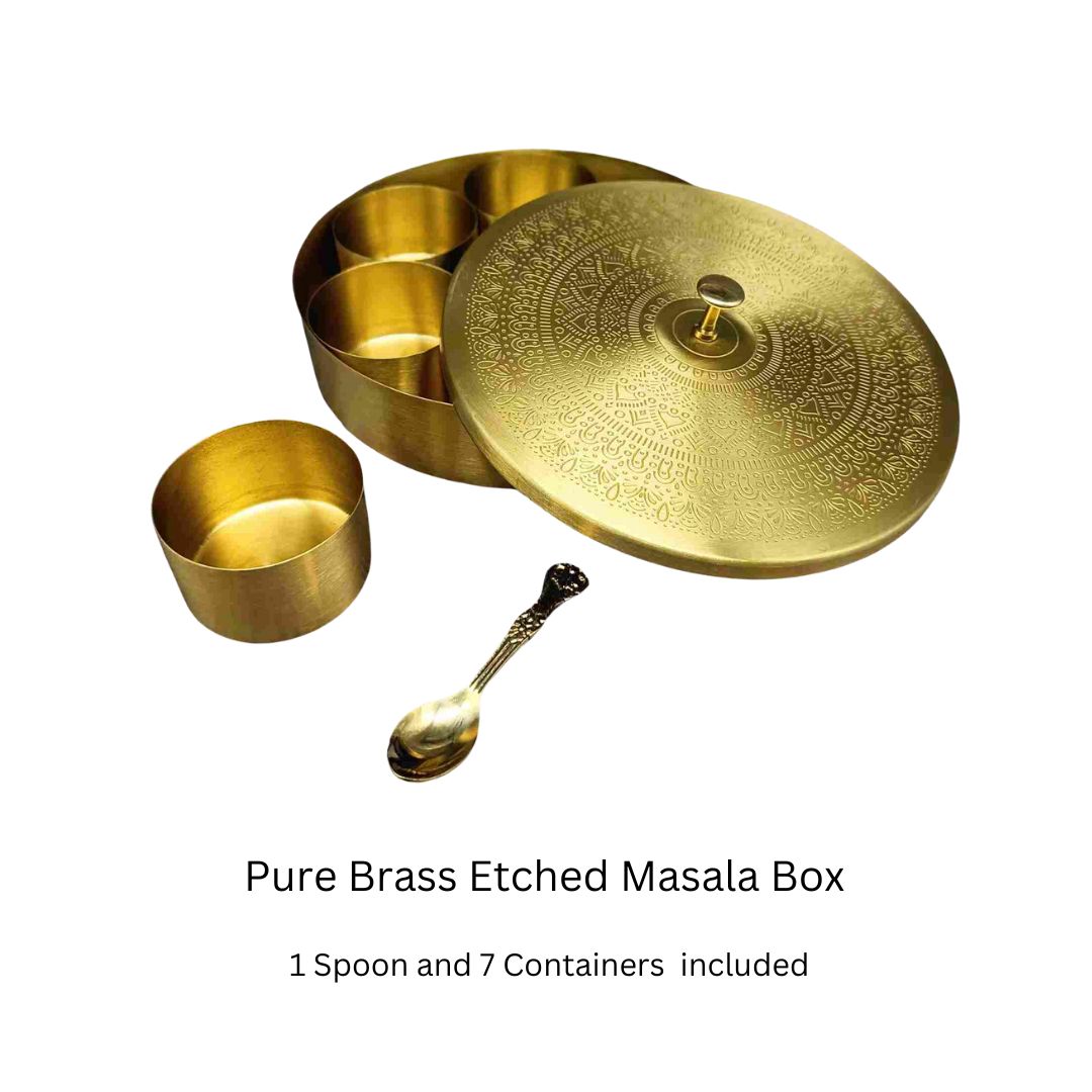 Pure Brass Etched Masala Box with Embossed Lid - Matt Finish