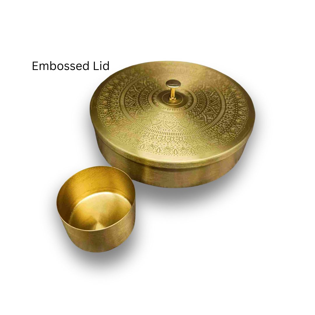 Pure Brass Etched Masala Box with Embossed Lid - Matt Finish