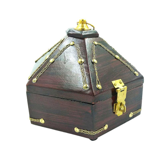 Brass decorated hexagonal wooden jewel box