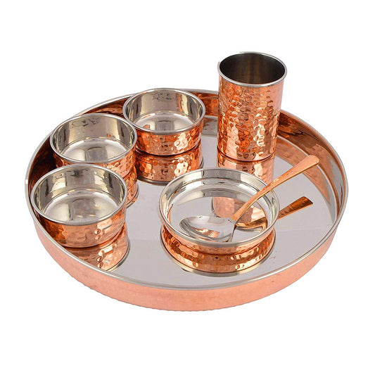 Copper Thali set with steel inlay + glass (free)